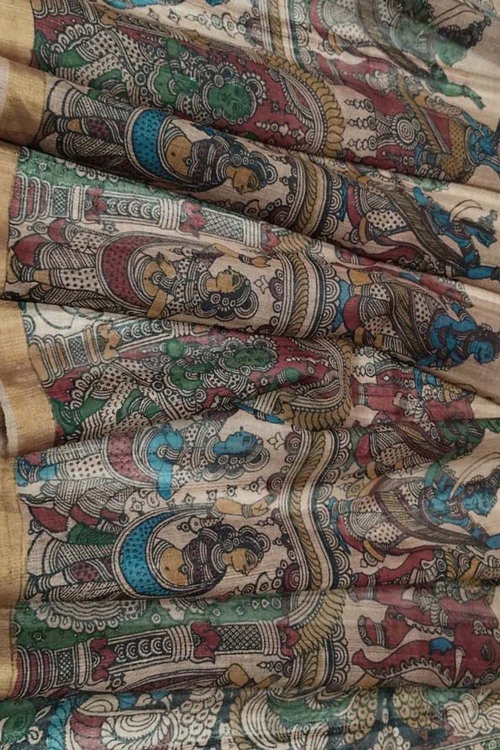 Tussar Kalamkari Hand Painted Silk with Women Design Dupatta - Luxurion World