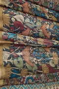 Black Beige Kalamkari Hand Painted Pure Tussar Silk Lotus Design Dupatta - Luxurion World