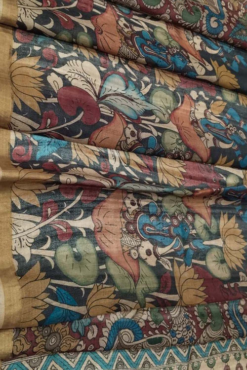 Black Beige Kalamkari Hand Painted Pure Tussar Silk Lotus Design Dupatta - Luxurion World