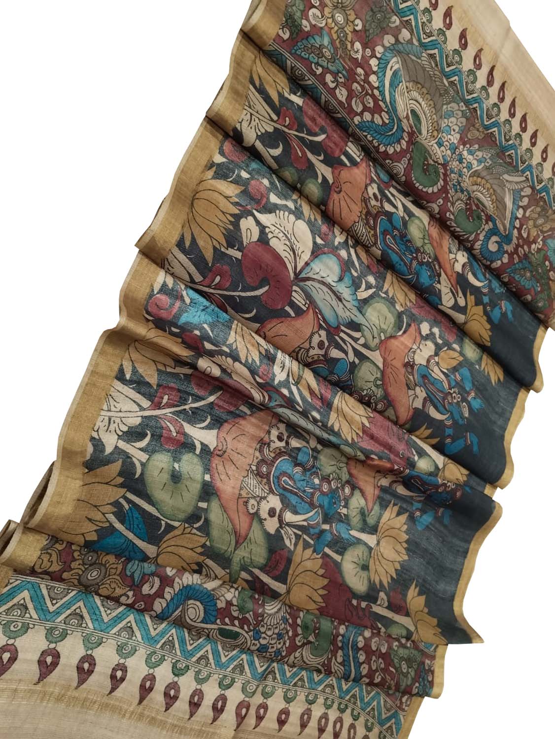 Black Beige Kalamkari Hand Painted Pure Tussar Silk Lotus Design Dupatta - Luxurion World