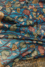 Blue Kalamkari Hand Painted Pure Tussar Silk Floralwork Dupatta - Luxurion World