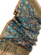 Blue Kalamkari Hand Painted Pure Tussar Silk Floralwork Dupatta - Luxurion World