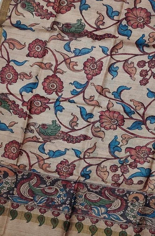 Off White Pen Kalamkari Tussar Silk Flower Design Dupatta - Luxurion World