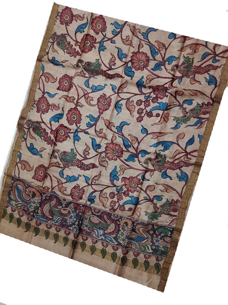 Off White Pen Kalamkari Tussar Silk Flower Design Dupatta - Luxurion World