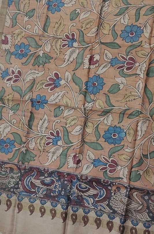 Pastel Pen Kalamkari Tussar Silk Flower Design Dupatta - Luxurion World
