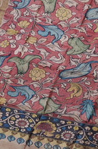 Red Pen Kalamkari Tussar Silk Flower Design Dupatta - Luxurion World