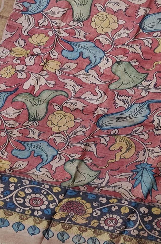 Red Pen Kalamkari Tussar Silk Flower Design Dupatta - Luxurion World