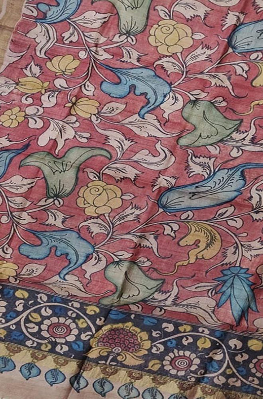 Red Pen Kalamkari Tussar Silk Flower Design Dupatta - Luxurion World