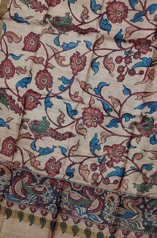 Off White Pen Kalamkari Tussar Silk Flower Design Dupatta - Luxurion World