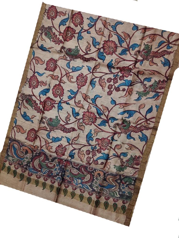 Off White Pen Kalamkari Tussar Silk Flower Design Dupatta - Luxurion World