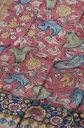Red Pen Kalamkari Tussar Silk Flower Design Dupatta - Luxurion World