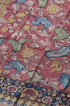 Red Pen Kalamkari Tussar Silk Flower Design Dupatta - Luxurion World