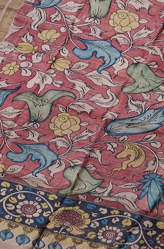 Red Pen Kalamkari Tussar Silk Flower Design Dupatta - Luxurion World