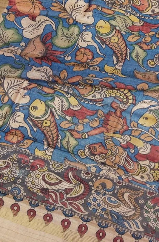 Blue Pen Kalamkari Tussar Silk Fish Design Dupatta - Luxurion World