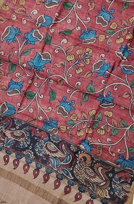 Red Pen Kalamkari Tussar Silk Flower Design Dupatta - Luxurion World