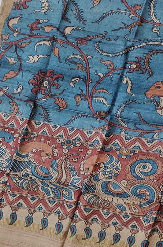 Blue Pen Kalamkari Tussar Silk Animal Design Dupatta - Luxurion World