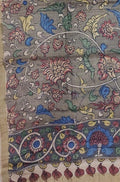 Grey Pen Kalamkari Tussar Silk Flower Design Dupatta - Luxurion World