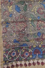 Grey Pen Kalamkari Tussar Silk Flower Design Dupatta - Luxurion World