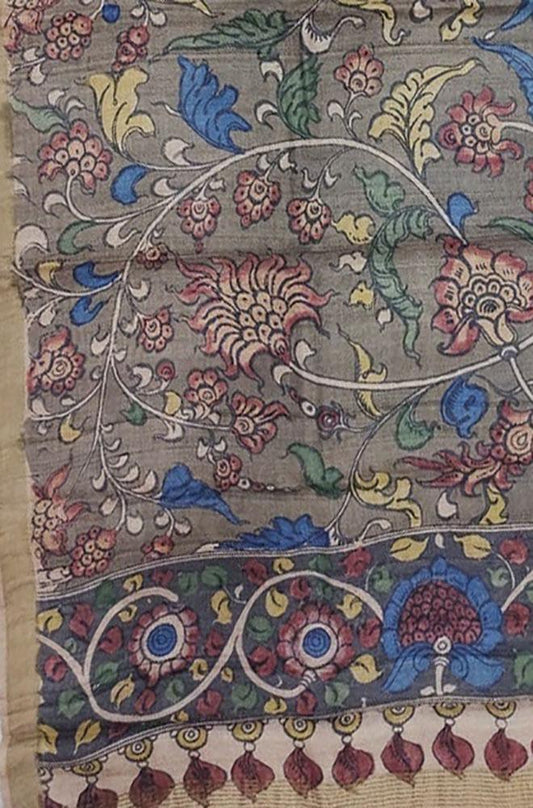 Grey Pen Kalamkari Tussar Silk Flower Design Dupatta - Luxurion World