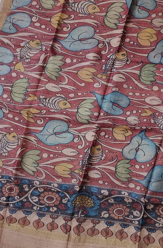 Red Pen Kalamkari Tussar Silk Fish Design Dupatta - Luxurion World