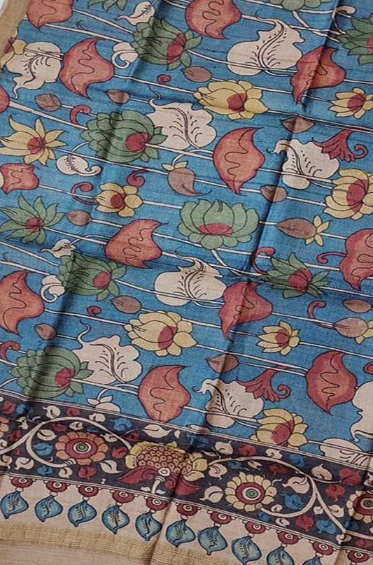 Blue Pen Kalamkari Tussar Silk Flower Design Dupatta - Luxurion World
