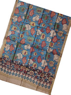 Blue Pen Kalamkari Tussar Silk Flower Design Dupatta - Luxurion World