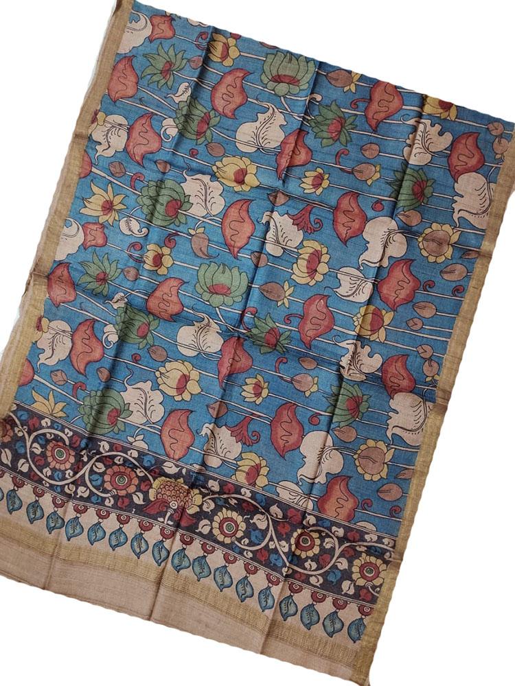 Blue Pen Kalamkari Tussar Silk Flower Design Dupatta - Luxurion World