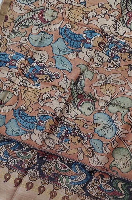 Pastel Pen Kalamkari Tussar Silk Fish Design Dupatta - Luxurion World