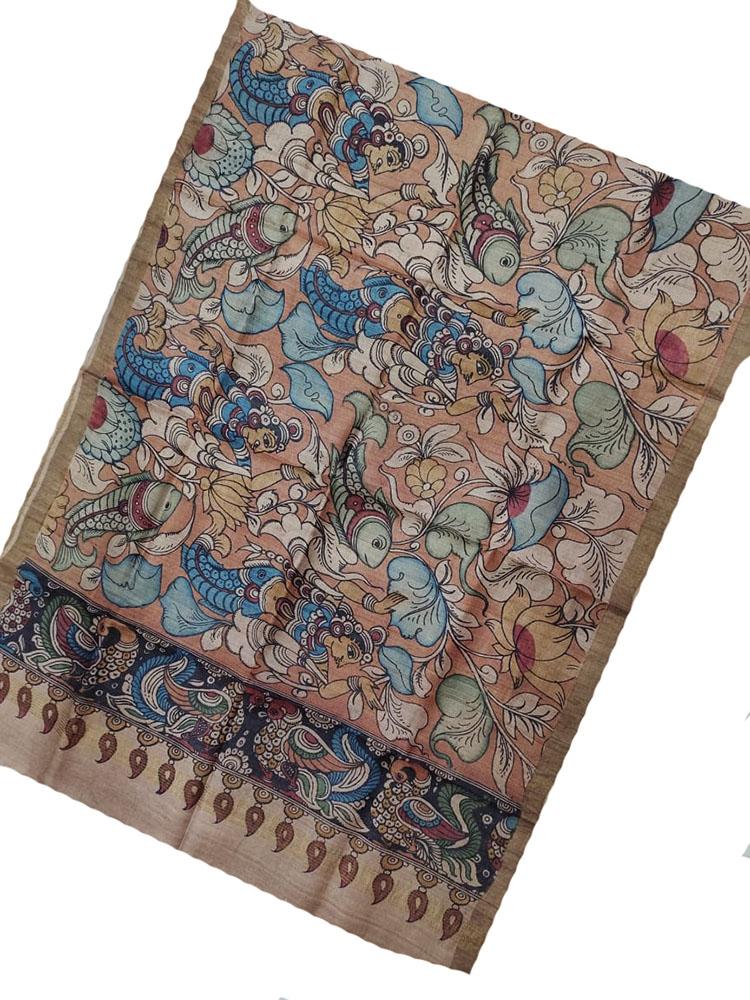 Pastel Pen Kalamkari Tussar Silk Fish Design Dupatta - Luxurion World
