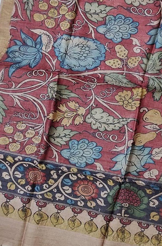 Red Pen Kalamkari Tussar Silk Flower Design Dupatta - Luxurion World