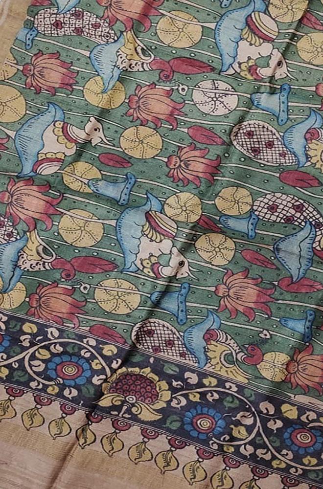 Green Pen Kalamkari Tussar Silk Animal Design Dupatta - Luxurion World