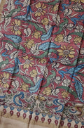 Red Pen Kalamkari Tussar Silk Birds Design Dupatta - Luxurion World