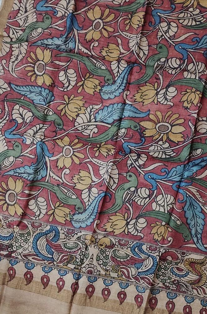 Red Pen Kalamkari Tussar Silk Birds Design Dupatta - Luxurion World