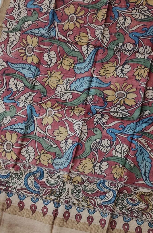 Red Pen Kalamkari Tussar Silk Birds Design Dupatta - Luxurion World