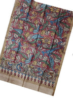 Red Pen Kalamkari Tussar Silk Birds Design Dupatta - Luxurion World