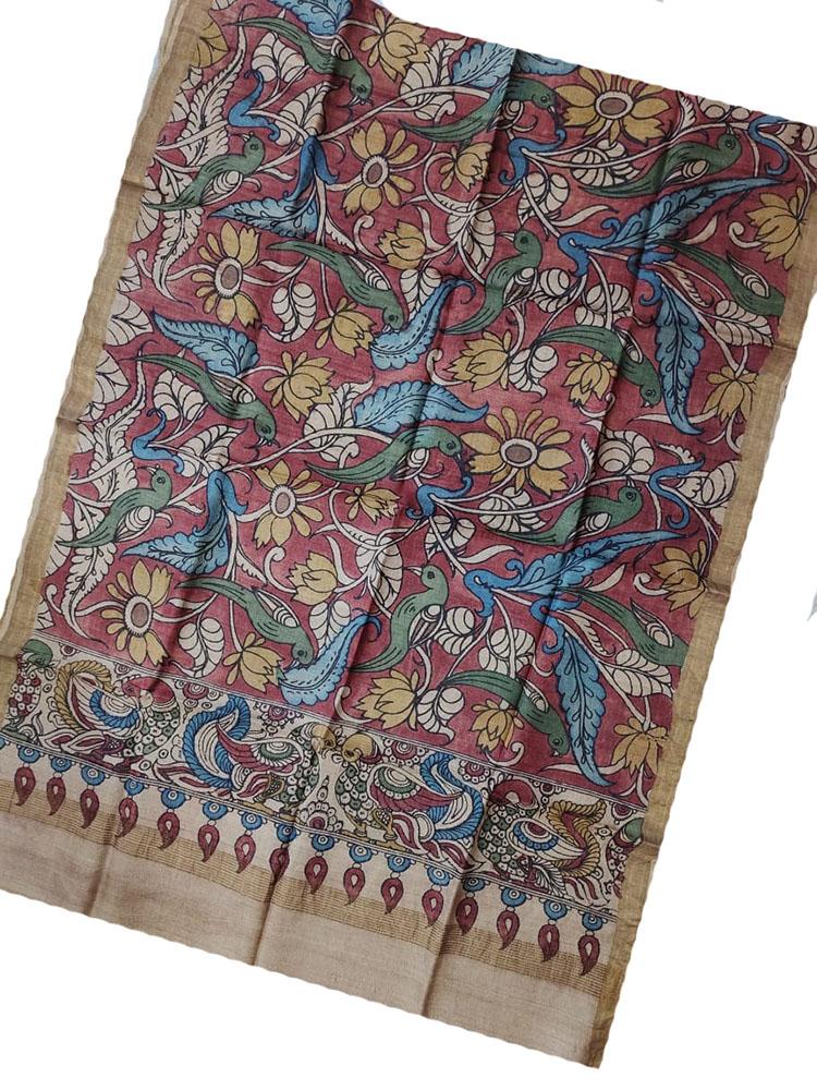 Red Pen Kalamkari Tussar Silk Birds Design Dupatta - Luxurion World