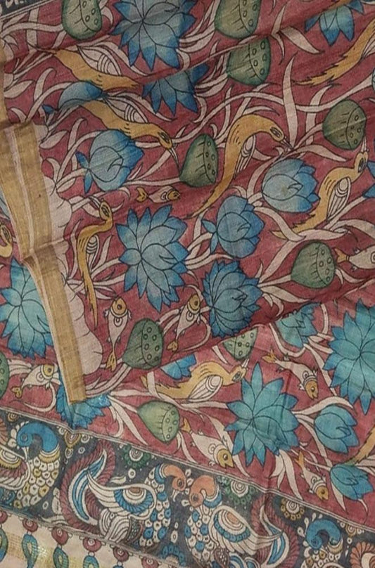 Red Pen Kalamkari Tussar Silk Fish Design Dupatta - Luxurion World