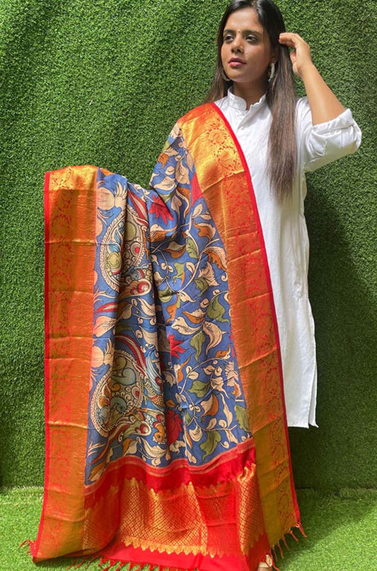 Blue Pen Kalamkari Pure Silk Kanjeevaram Border Dupatta - Luxurion World