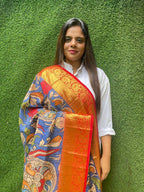 Blue Pen Kalamkari Pure Silk Kanjeevaram Border Dupatta - Luxurion World
