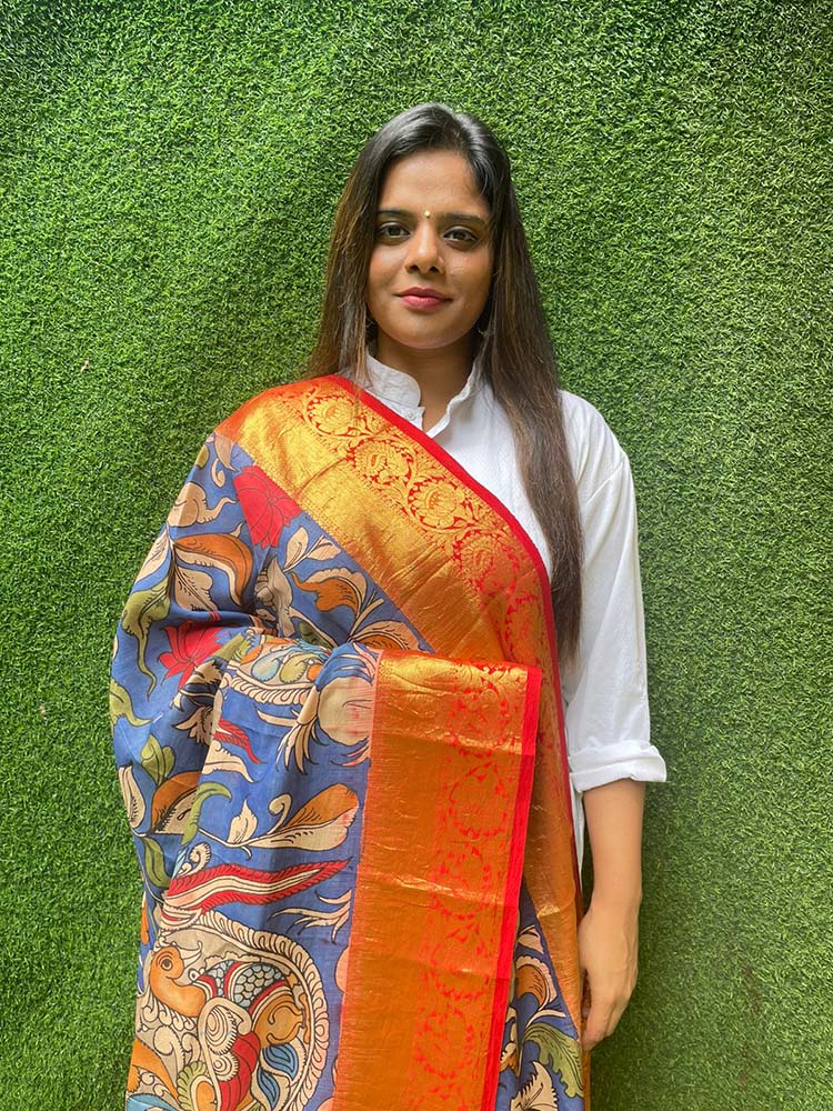 Blue Pen Kalamkari Pure Silk Kanjeevaram Border Dupatta - Luxurion World