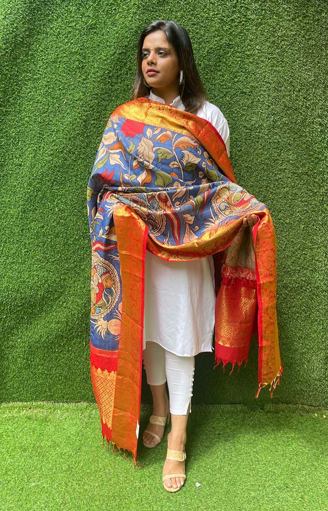 Blue Pen Kalamkari Pure Silk Kanjeevaram Border Dupatta - Luxurion World
