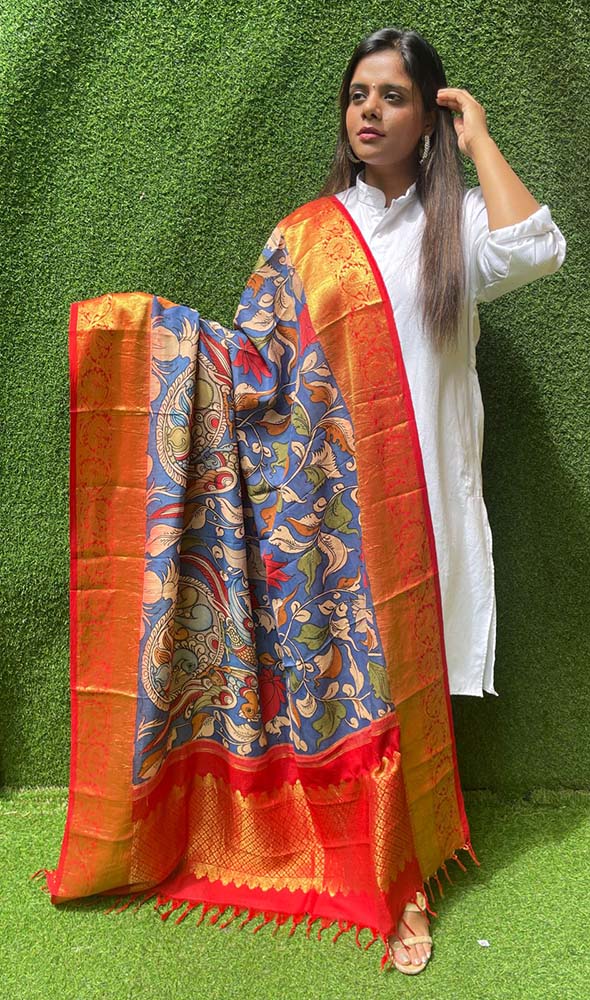 Blue Pen Kalamkari Pure Silk Kanjeevaram Border Dupatta - Luxurion World