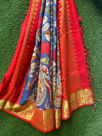 Blue Pen Kalamkari Pure Silk Kanjeevaram Border Dupatta - Luxurion World