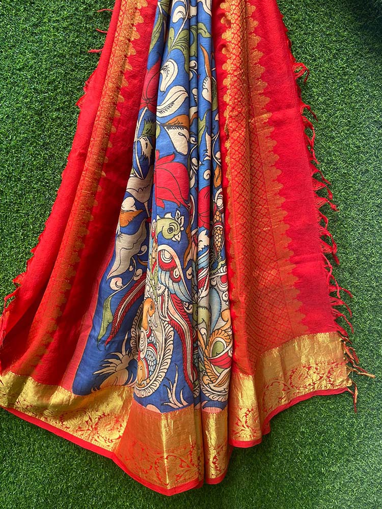 Blue Pen Kalamkari Pure Silk Kanjeevaram Border Dupatta - Luxurion World