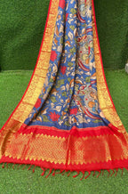 Blue Pen Kalamkari Pure Silk Kanjeevaram Border Dupatta - Luxurion World