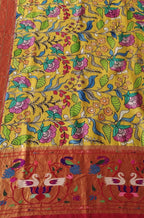 Yellow Pen Kalamkari Paithani Pure Silk Muniya Border Dupatta - Luxurion World
