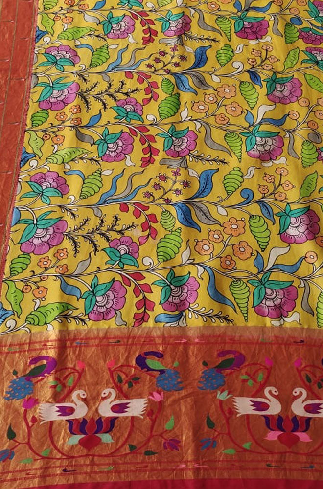 Yellow Pen Kalamkari Paithani Pure Silk Muniya Border Dupatta - Luxurion World