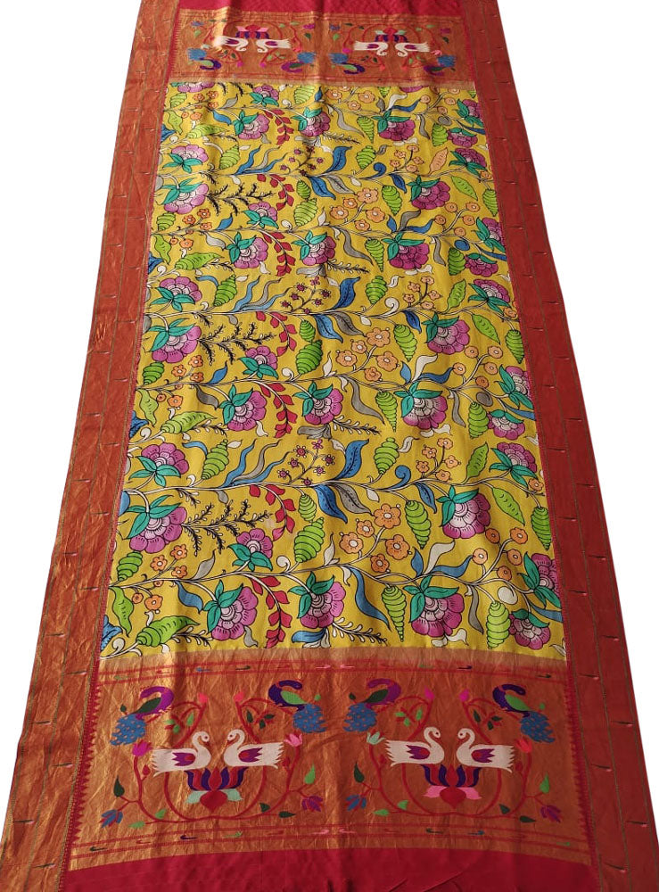 Yellow Pen Kalamkari Paithani Pure Silk Muniya Border Dupatta - Luxurion World