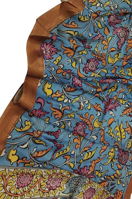 Blue Kalamkari Hand Painted Bangalore Silk Dupatta - Luxurion World