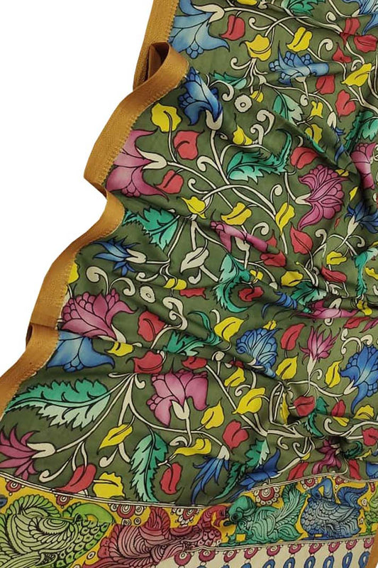 Green Kalamkari Hand Painted Bangalore Silk Dupatta - Luxurion World